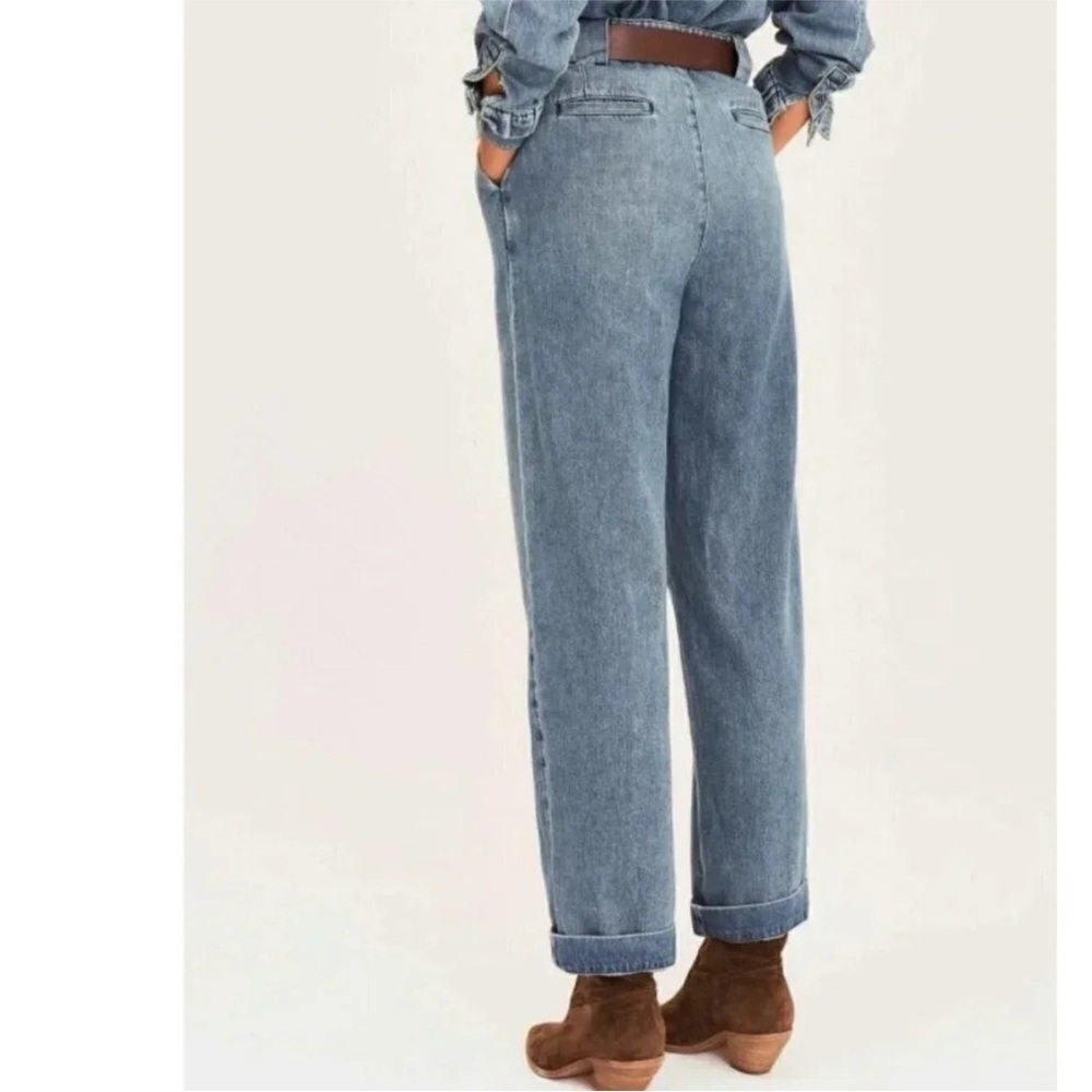 Ba&sh Saxo Pleated Wide Leg Organic Cotton Blue Denim High Waist Jean Trousers - Picture 4 of 9